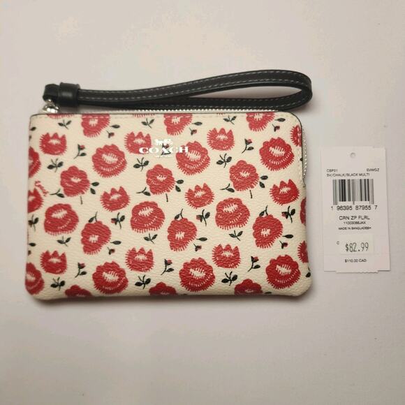 Coach Corner Zip Wristlet With Floral Print In Canvas/Silver/Chalk Multi CBP21 - Picture 1 of 6